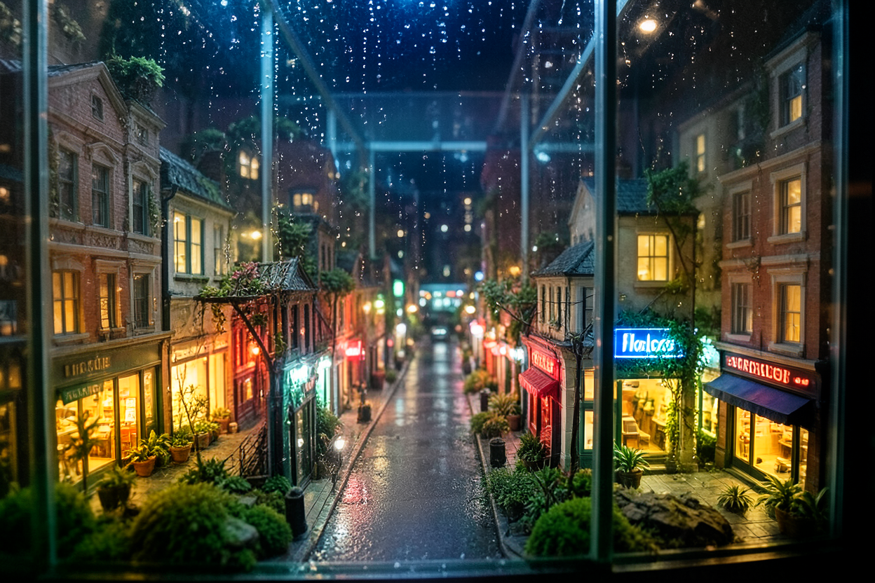 A glass terrarium city at night generated locally with Bonsai Image 4B.