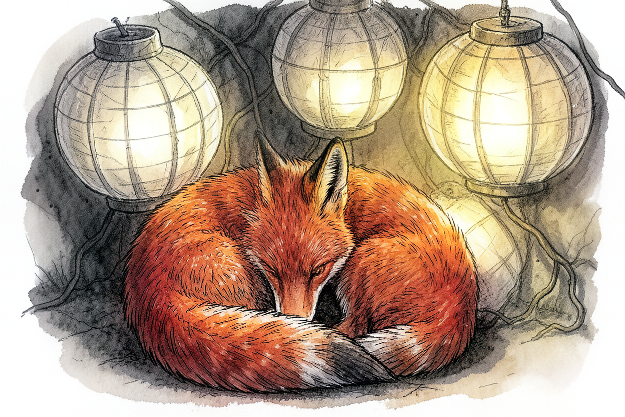 A red fox curled under paper lanterns generated locally with Bonsai Image 4B.