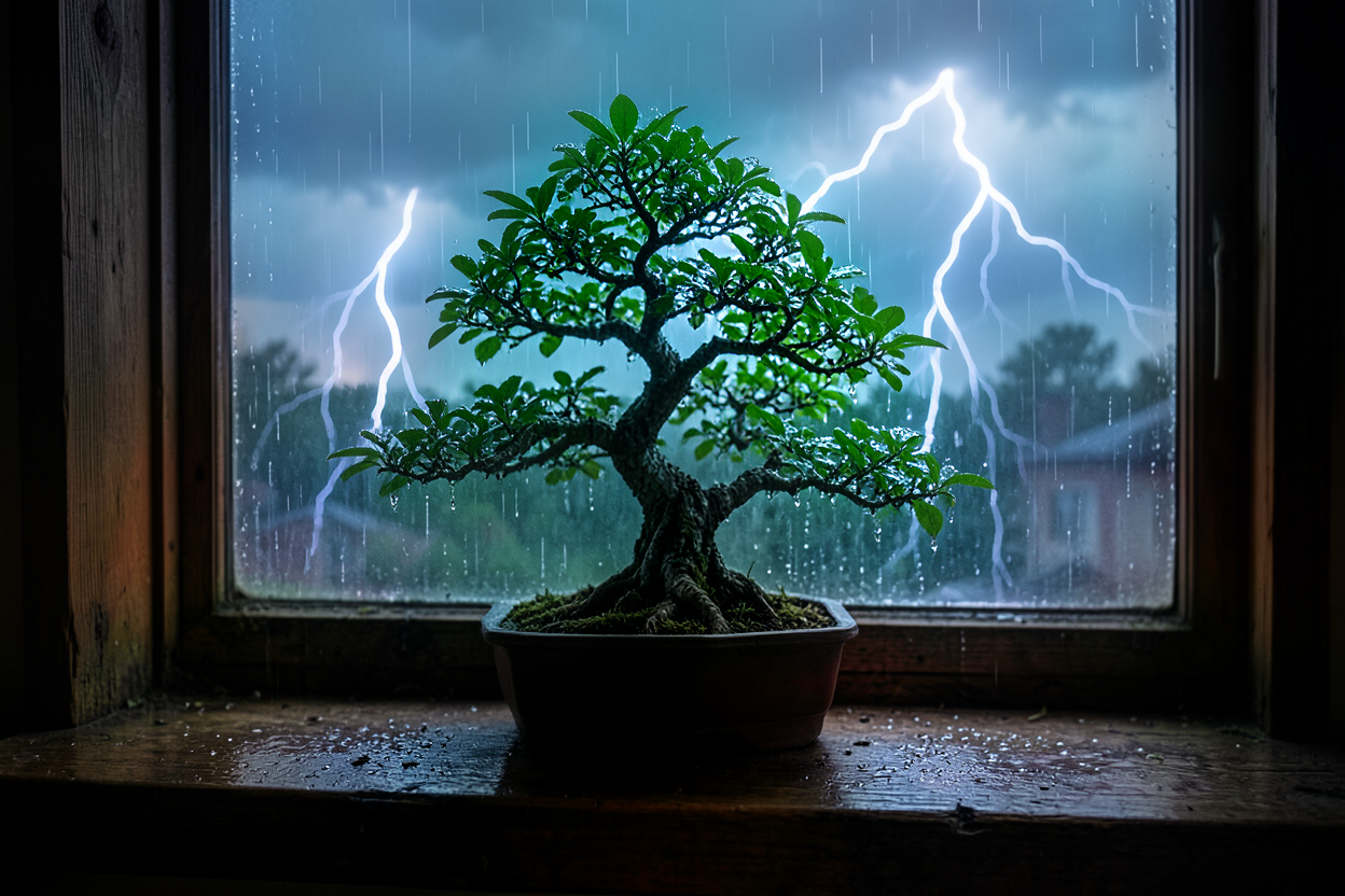 A miniature bonsai tree on a stormy windowsill generated locally with Bonsai Image 4B.
